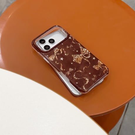 ヒョウ柄リボン iPhone18Pro/18ProMax スター ブラウン iPhone17/16/15Proカバー 大人かわいい [M6884]