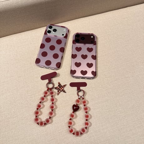 ドット＆ハート柄 iPhone18Pro/18ProMaxケース 艶感 iPhone17Pro/16ProMaxカバー ビーズハンドストラップ [M6900]