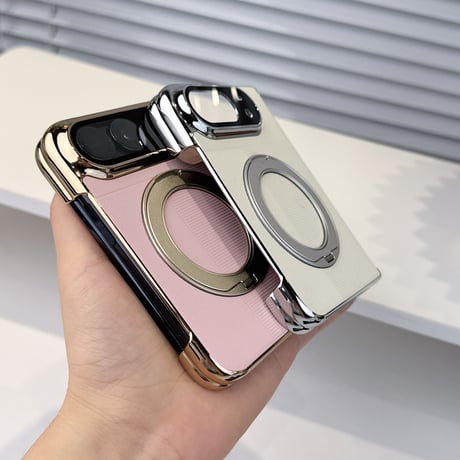 iPhone Duoケース 高級レザー 360度回転スタンド カメラレンズ保護カバー付  Magsafe対応 ヒンジ保護  メッキフレーム  [M6901]