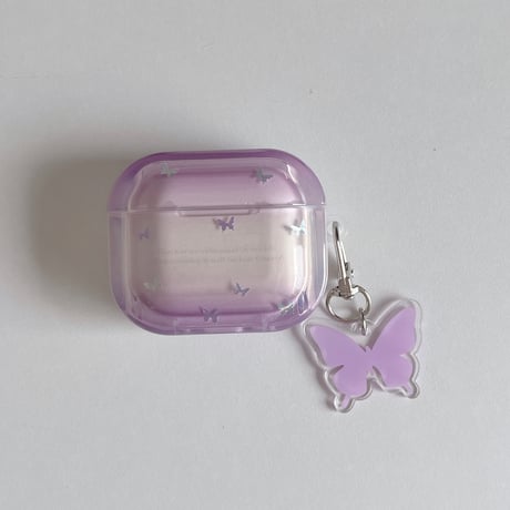 パープル Airpods Pro3ケース 蝶柄 Airpods 4/3カバーケース AirpodsPro2/1  キーホルダー付 オシャレ 高級感 [M6562]