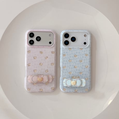 リボンスタンド iPhone17Pro/17ケース 熊さん iPhone16Pro/15/14ケース 淡色系 ガーリーファッション[M6608]