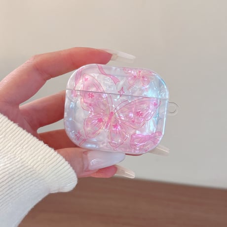 シェル風蝶柄 Airpods Pro3ケース 可愛すぎる Airpods 4/3カバー  AirpodsPro2/1  キーホルダー付 女子力アップ [M6661]