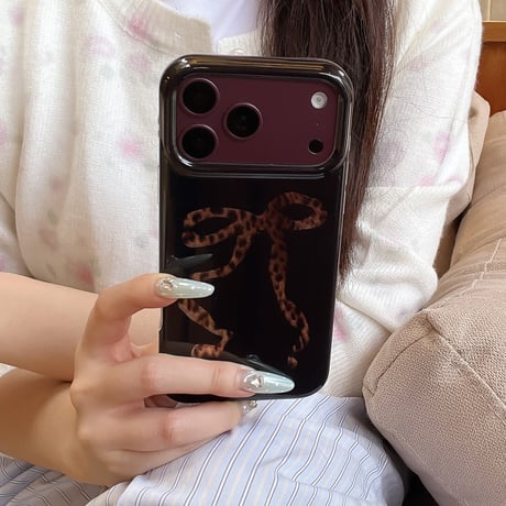 ヒョウ柄 リボン iPhone18Pro/18ProMaxケース 大人可愛い レオパード iPhone17/16/15カバー 光沢 トレンド感[M6813]