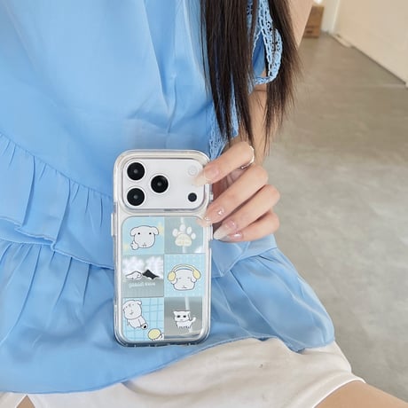 ワンちゃんミラー iPhone17Pro/17ケース ブルー iPhone16Pro/15Pro/14ケース 丈夫 夏に人気[M6550]