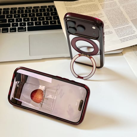 バーガンディ ミラー付き iPhone18Pro/18ProMaxケース リングスタンド一体型 iPhone17/16Pro/15カバー  メイク直しも動画視聴もこれ1つ [M6850]
