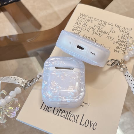 シェル風薔薇柄 Airpods Pro3ケース 花キーホルダー付 Airpods 4/3カバー  AirpodsPro2/1  ホワイト 女子力アップ [M6683]