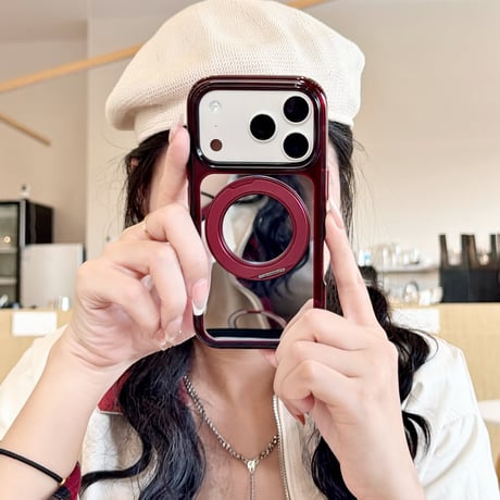 バーガンディ ミラー付き iPhone18Pro/18ProMaxケース リングスタンド一体型 iPhone17/16Pro/15カバー  メイク直しも動画視聴もこれ1つ [M6850]
