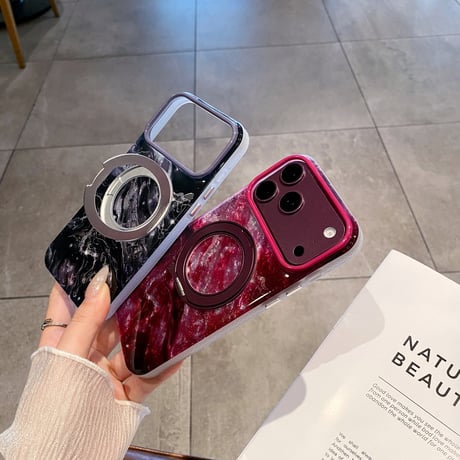 マーブル柄 iPhone18Pro/18ProMaxケース グラデーションカラー マグネットリングスタンド iPhone17/16proケース 便利グッズ [M6896]