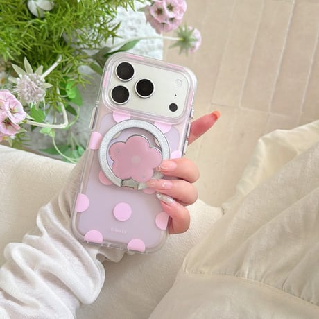 マグネット式花リングスタンド iPhone18Pro/18ProMaxケース MagSafe対応 iPhone17/16/15proケース 水玉模様[M6642