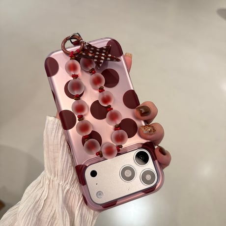 ドット＆ハート柄 iPhone18Pro/18ProMaxケース 艶感 iPhone17Pro/16ProMaxカバー ビーズハンドストラップ [M6900]