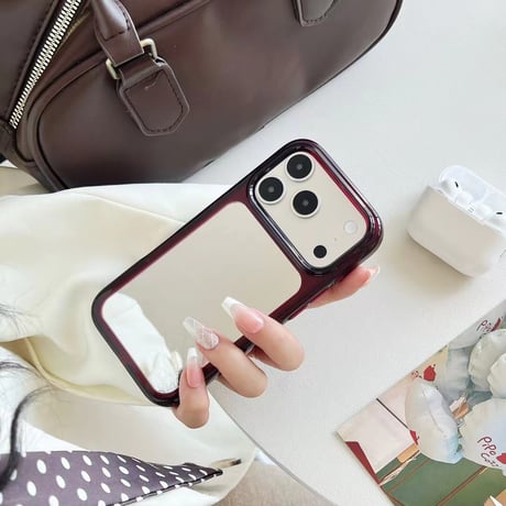 バーガンディ ミラー付き iPhone18Pro/18ProMaxケースクリアフレーム iPhone17/16Pro/15カバー メイク直し＆自撮り対応[M6791]