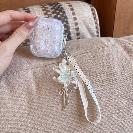 シェル風薔薇柄 Airpods Pro3ケース 花キーホルダー付 Airpods 4/3カバー  AirpodsPro2/1  ホワイト 女子力アップ [M6683]