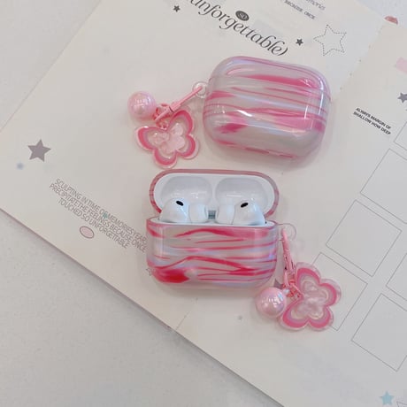 艶感シェル風 Airpods Pro3ケース 蝶キーホルダー Airpods 4/3カバー  AirpodsPro2/1  ピンク プレゼントにおすすめ [M6656]