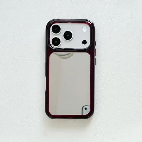 バーガンディ ミラー付き iPhone18Pro/18ProMaxケースクリアフレーム iPhone17/16Pro/15カバー メイク直し＆自撮り対応[M6791]