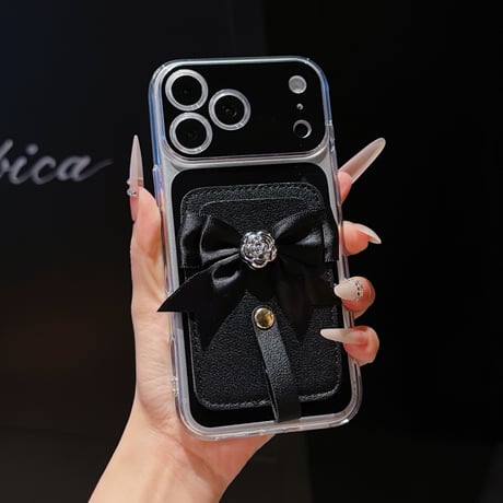 リボンデコカード入れ付 iPhone17Pro/17ケース カメラ保護  iPhone16Pro/15pro/14ケース 肌に優しい かわいい[M6598]
