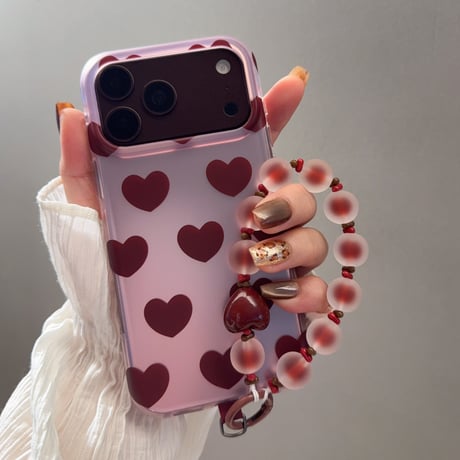 ドット＆ハート柄 iPhone18Pro/18ProMaxケース 艶感 iPhone17Pro/16ProMaxカバー ビーズハンドストラップ [M6900]