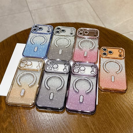 MagSafe対応 ラインストーン iPhone18Pro/18ProMaxケース グラデーションラメ iPhone17Pro/16ケース カメラ保護レンズ一体型 [M6816]