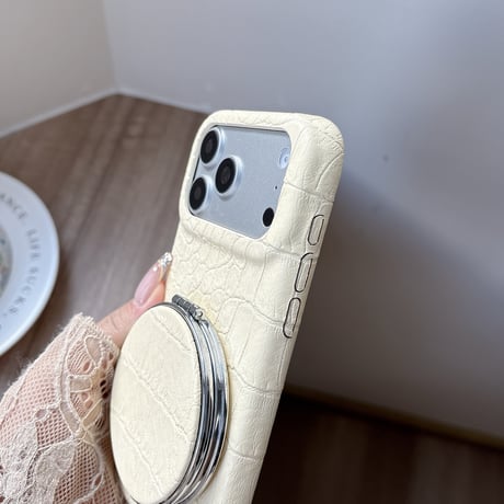 ミラー＆スタンド付き iPhone18Pro/17Proケース クロコ柄レザー iPhone16Pro/15ケース くすみカラー 高級感たっぷり 1台2役 [M6867]