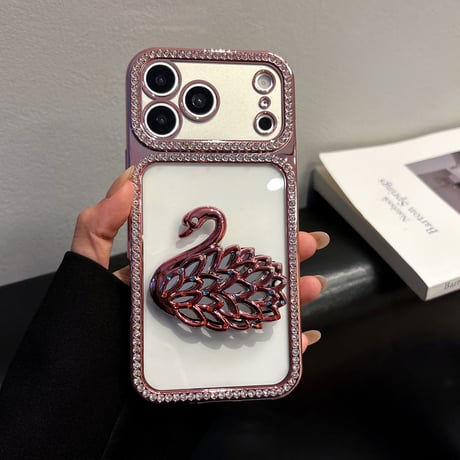 スワンミラースタンド付 iPhone17/17Proケース ジュエリーフレーム iPhone16/15Proケース 綺麗 オシャレ 実用[M6645]