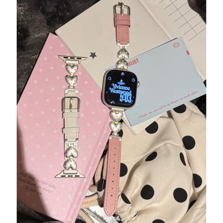 レザーとメタル AppleWatchバンド 水玉模様ハート アップルウォッチバンド Series11/10/9 8 7 6 5 4  3 2 SE3 SE2 Ultra3 かわいい[M6548]