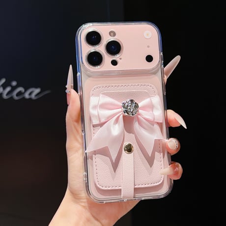 リボンデコカード入れ付 iPhone17Pro/17ケース カメラ保護  iPhone16Pro/15pro/14ケース 肌に優しい かわいい[M6598]