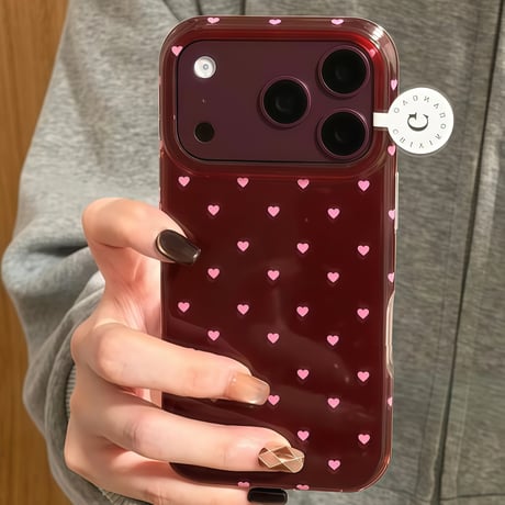 ミニハート柄 iPhone18Pro/17ケース 艶カラー iPhone16Pro/15/14カバー フチ高設計 大人可愛い レトロ[M6789]