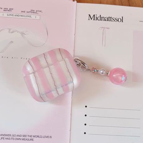 Airpods 5 対応ケース ストライプ  Airpodspro3/2/カバー Airpods4/3 カラビナ/ビーズチャーム付き パステルカラー[M6823]