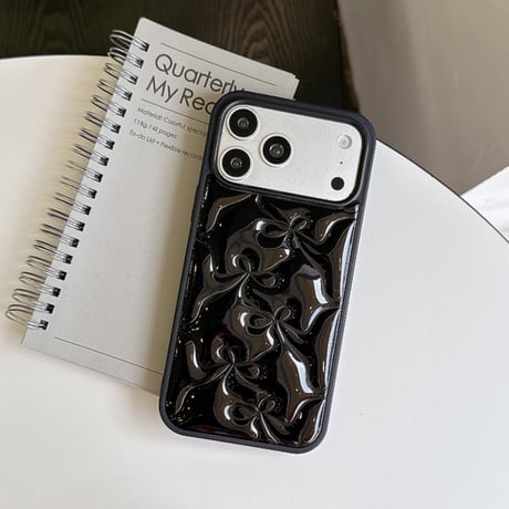 リボン レザーiPhone18Pro/17Proケース ピンク/ブラック iPhone17/16Pro/15/14ケース 光沢感 可愛い 美しい[M6646]