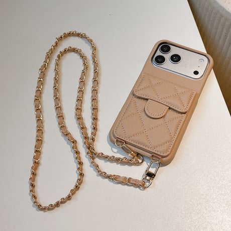 カード収納＆スタント機能 iPhone18Pro/18ProMaxケース レザー調 キルティング iPhone17/16Pro/15カバー  ショルダーストラップ付き[M6794]
