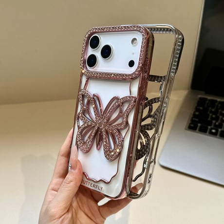 ダイヤ蝶 iPhone18Pro/17ケース メッキ iPhone16Pro/15ProMaxケース かわいい おしゃれ[M6662]
