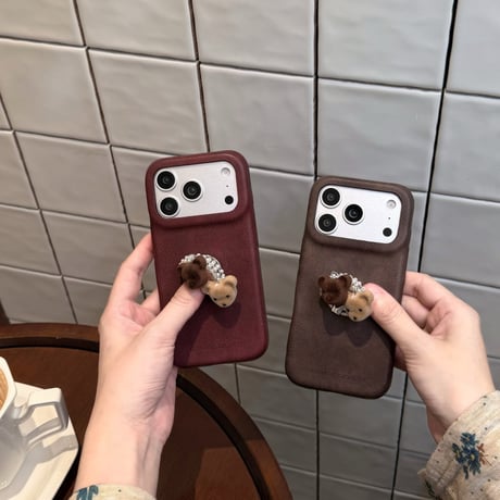 熊ちゃんパールリング付き iPhone18Pro/18ProMaxケース レザー調 iPhone17Pro/16/15カバー ヴィンテージライク 大人可愛い[M6837]