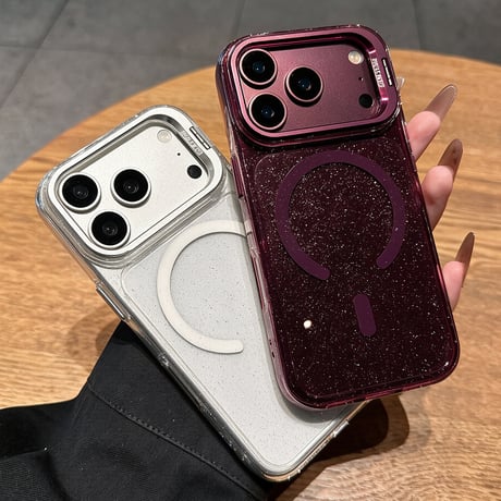 キラキラクリア MagSafe対応 iPhone18Pro/18ProMaxケース カメラスタンド付き iPhone17Pro/16ケース ラメ入り メタルフレーム[M6733]