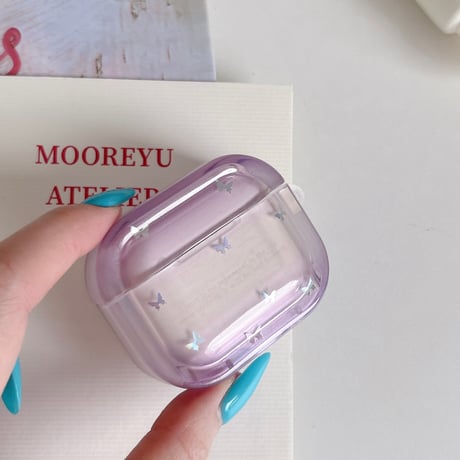 パープル Airpods Pro3ケース 蝶柄 Airpods 4/3カバーケース AirpodsPro2/1  キーホルダー付 オシャレ 高級感 [M6562]