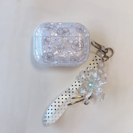 シェル風薔薇柄 Airpods Pro3ケース 花キーホルダー付 Airpods 4/3カバー  AirpodsPro2/1  ホワイト 女子力アップ [M6683]