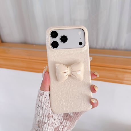 ぷっくりリボン iPhone18Pro/18ProMaxケース レザー調 iPhone17/16proケース くすみカラー シワ加工 高級感[M6861]