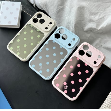 水玉模様ミラー iPhone17Pro/17ケース カラーフレーム iPhone16Promax/15proケース 便利 可愛い[M6554]