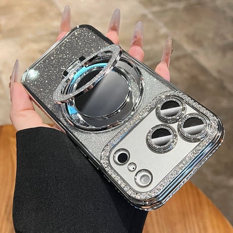 iPhone18Pro/17ケース 鏡付Magsafeリングスタンド iPhone16/15Proケース  ストーン  綺麗 多機能 コスパ最強[M3769]