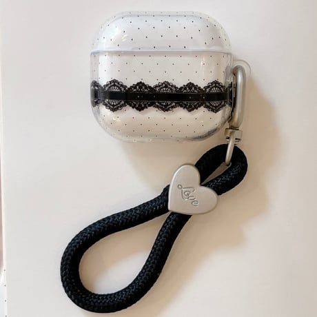 AirPods 5 ケース クリアドット×ブラックレース AirPodsPro3/Pro2 リボンストラップ＆カラビナ付き Airpods4/3カバー エレガント [M6769]]