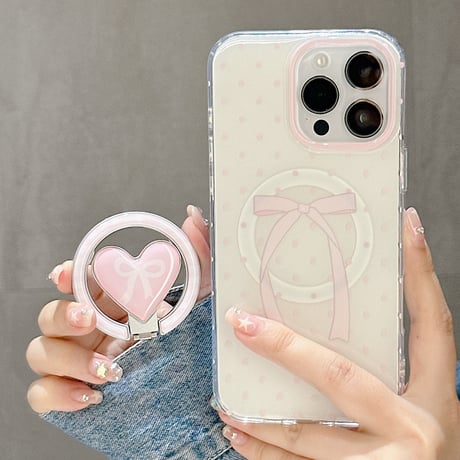 リボン柄リングスタンド iPhone17Pro/17ケース MagSafe対応 iPhone16Pro/15ProMaxケース カメラ保護カバー[M6618]