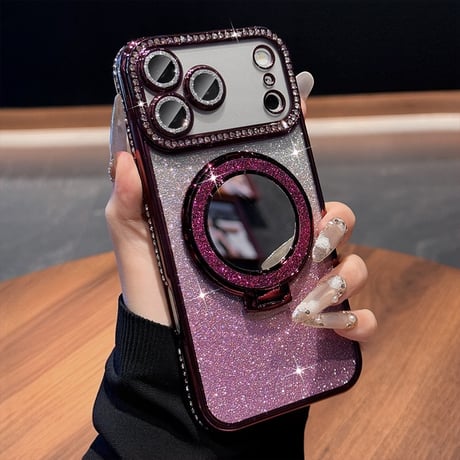 iPhone18Pro/17ケース 鏡付Magsafeリングスタンド iPhone16/15Proケース  ストーン  綺麗 多機能 コスパ最強[M3769]