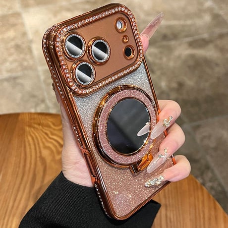 iPhone18Pro/17ケース 鏡付Magsafeリングスタンド iPhone16/15Proケース  ストーン  綺麗 多機能 コスパ最強[M3769]