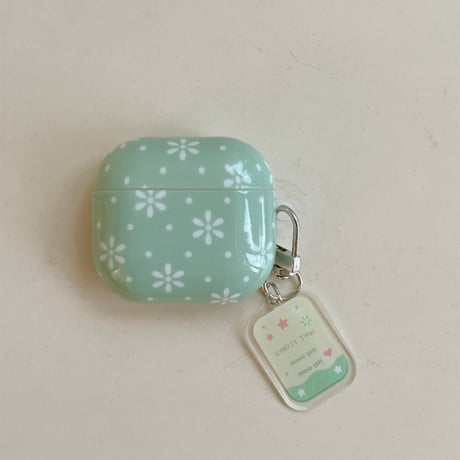 AirPods 5/4ケース 小花柄 ドット柄 AirpodsPro3/Pro2 薄グリーン チャーム/カラビナ付き 韓国風 パステルカラー フレンチフラワー[M6803]