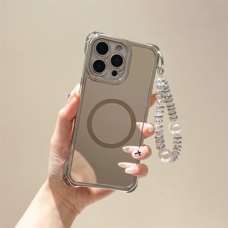 MagSafe対応ミラー iPhone17/17Proケース ショルダーストラップとパールストラップ付 iPhone16/15Pro/14カバー 多機能[M6673]