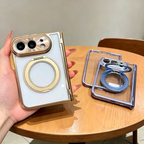 iPhone Duo専用ケース 強化ガラスフィルム一体型 360°回転リングスタンド付き  ヒンジ保護 MagSafe対応 メッキ 高透明 耐衝撃 黄ばみにくい [M6845]