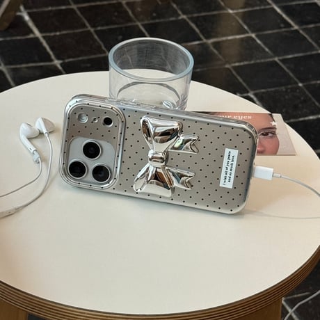 メッキリボン iPhone17pro/17ケース 水玉模様 iPhone16/15promax/14ケース 可愛いストラップ オシャレ[M6584]