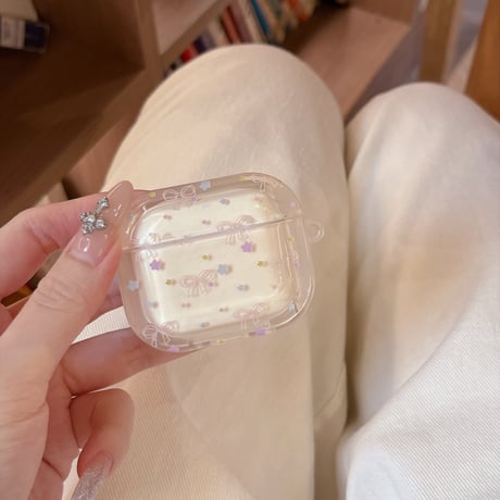 ベージュ色 Airpods Pro3ケース リボン 星柄 Airpods 4/3カバー  かわいい  淡色系 女子力アップ [M6700]