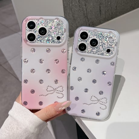 ドット柄 リボン柄 iPhone18Pro/18ProMaxケース キラキラグラデーション iPhone17Pro/16ProMaxカバー グリッターカメラカバー [M6883]