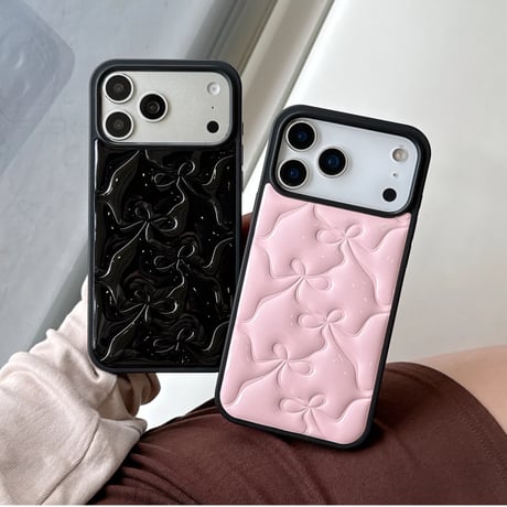 リボン レザーiPhone18Pro/17Proケース ピンク/ブラック iPhone17/16Pro/15/14ケース 光沢感 可愛い 美しい[M6646]