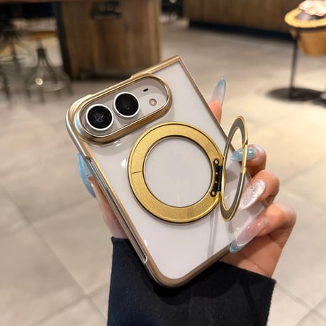 iPhone Duo専用ケース 360°回転リングスタンド付き 強化ガラスフィルム一体型 MagSafe対応 メッキ 高透明 耐衝撃 黄ばみにくい [M6815]
