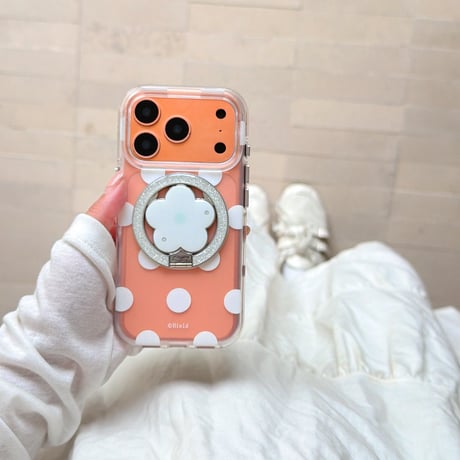 マグネット式花リングスタンド iPhone18Pro/18ProMaxケース MagSafe対応 iPhone17/16/15proケース 水玉模様[M6642